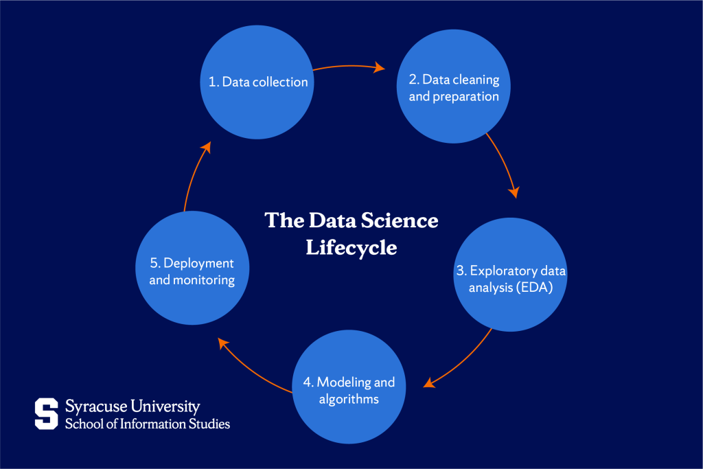 A visual representation of the data science lifecycle, from data collection to deployment and monitoring.