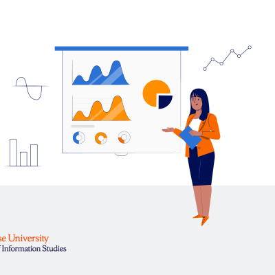 An illustration of a woman demonstrating what data science is, with charts in the background.