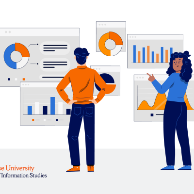 An illustration of a man and a woman showcasing graphs and statistics related to data visualization